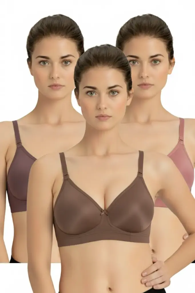 Women's Cotton Blend Non-Padded Non-Wired Full Coverage Regular Bra Comfort, Soft Cup, Comfortable Support - Comfortable Bra- Pack of 3 - Color -Brown, Dark Pink & Maroon