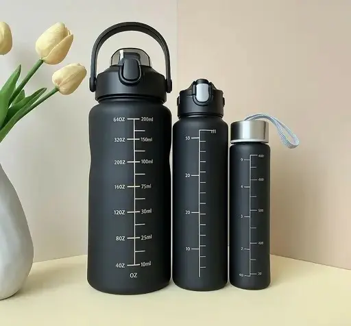 Time Marker Water Bottle – Leakproof BPA-Free Hydration Tracker with Time & Goal Reminders 3-Piece Motivational Water Bottle Set with Time Markers & Straw, Leakproof, (2000ml, 900ml,200ml)