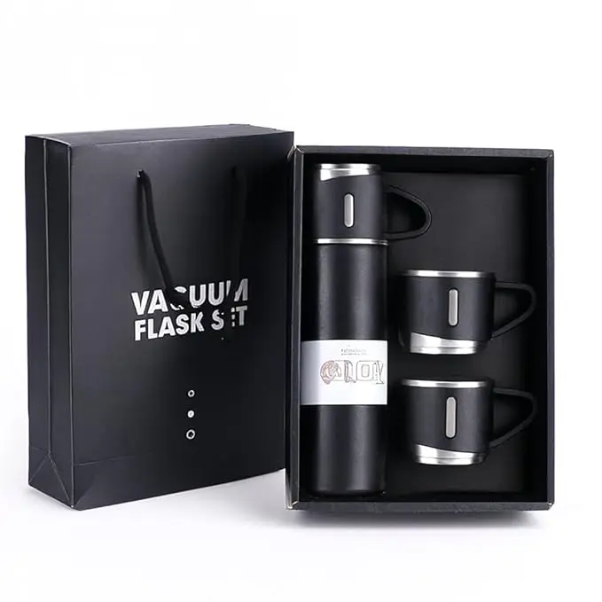 Vacuum Flask Set with 2 Cups, Double Wall Stainless Steel Thermo 500ml Vacuum Insulated Bottle Water Flask Gift Set with 3 Cups, Corporate Gifts for Employees Diwali Gift, (Random Color)