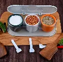Home Kitchen 3 Grid Seasoning Spice/Masala Box Kit with Spoon (Multicolor / 1 Set)