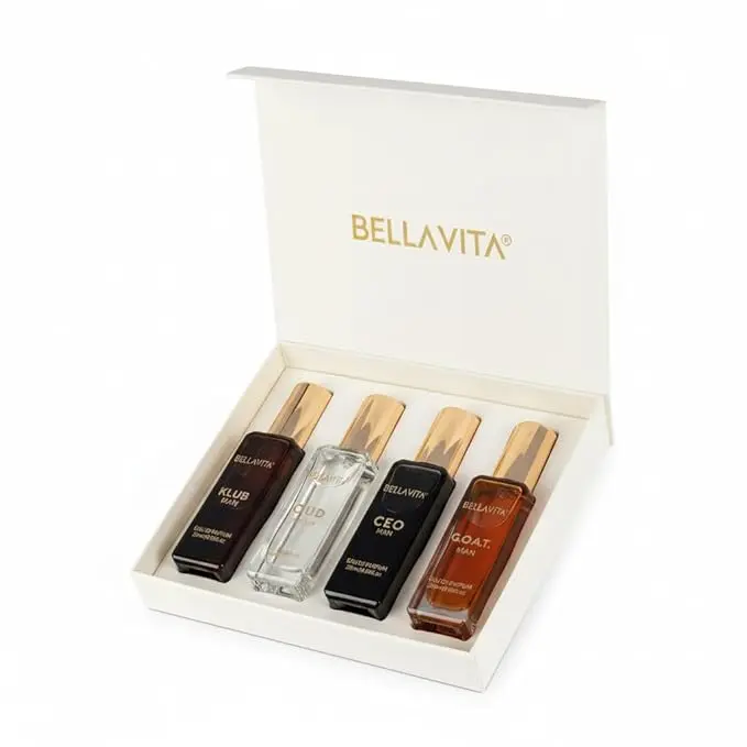BellaVita Luxury Long Lasting Unisex Perfume Gift Set | 4x20ml Perfume for Man & Woman | Woody, Aquatic, Sweet, Premium Fragrance Scent |  Gifts for Men and Women