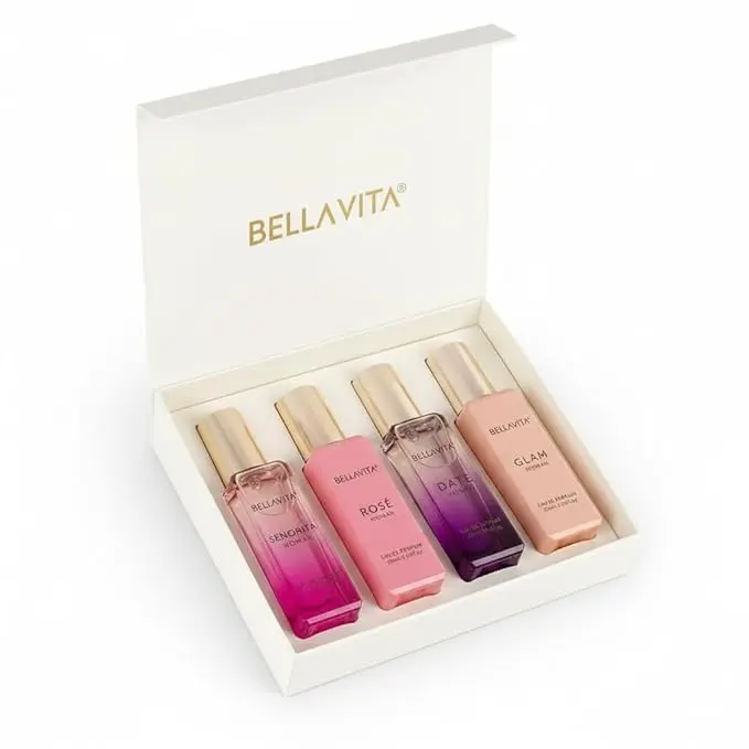 BellaVita Luxury Long Lasting Unisex Perfume Gift Set | 4x20ml Perfume for Man & Woman | Woody, Aquatic, Sweet, Premium Fragrance Scent |  Gifts for Men and Women