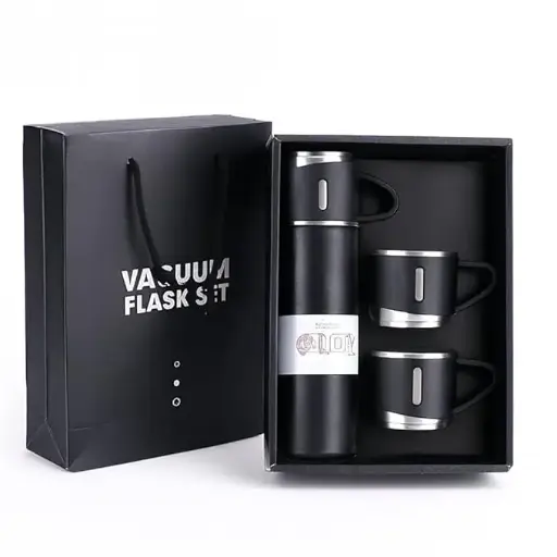 Vacuum Flask Set with 2 Cups, Double Wall Stainless Steel Thermo 500ml Vacuum Insulated Bottle Water Flask Gift Set with 3 Cups, Corporate Gifts for Employees Diwali Gift, (Random Color)